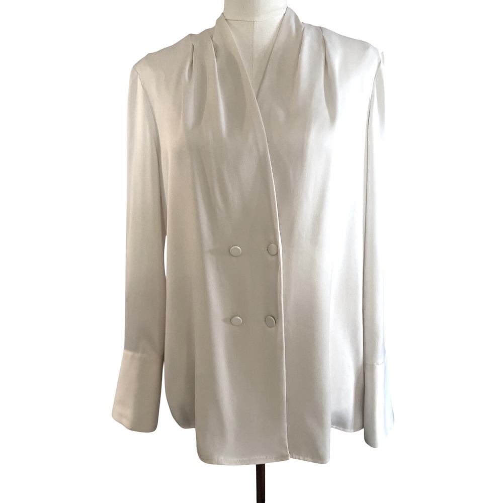Prologue Womens Cream Satin Double Breasted Blouse Long Sleeve V-Neck Top Small